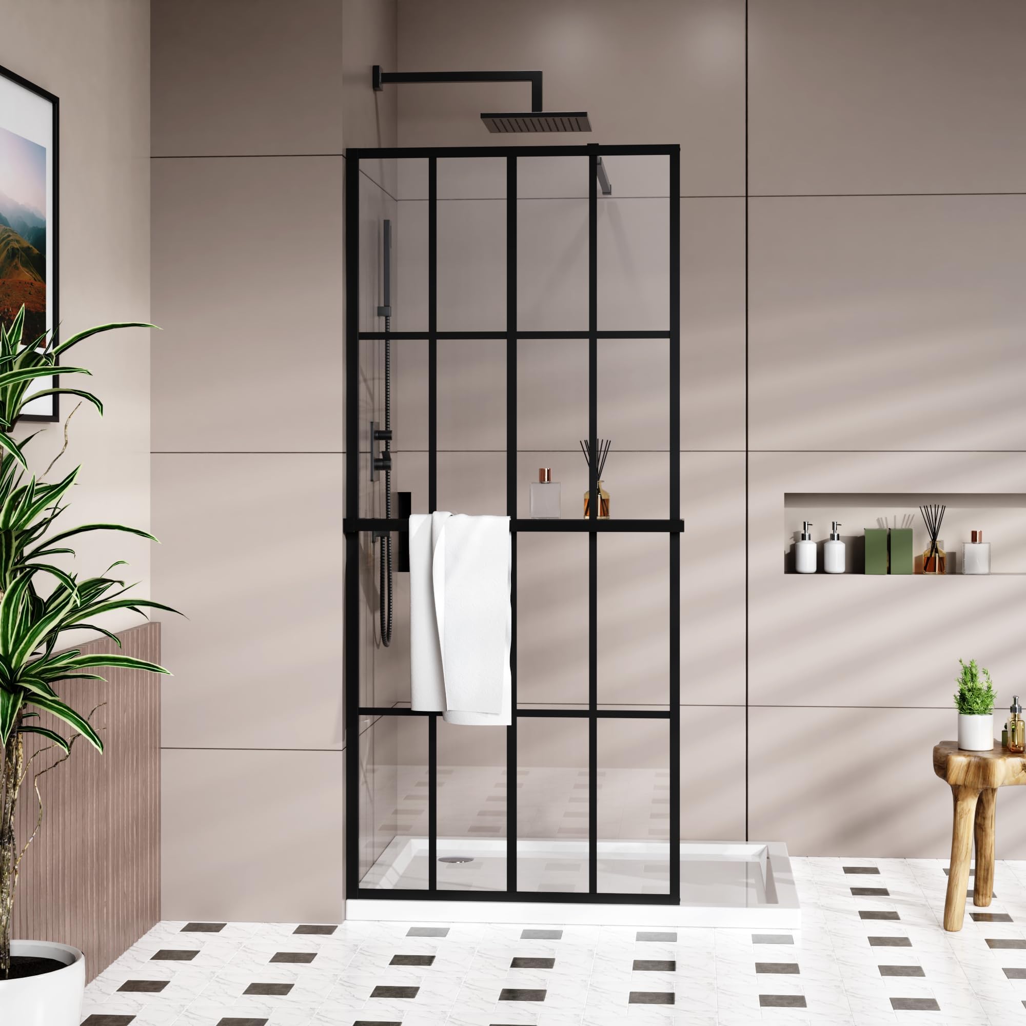 Goodyo 34" x 72" Shower Door Tempered Glass Shower Screen with Tool Bar Towel Rack for Walk in Bathroom 16-Grid Modern Design, Matte Black Finish
