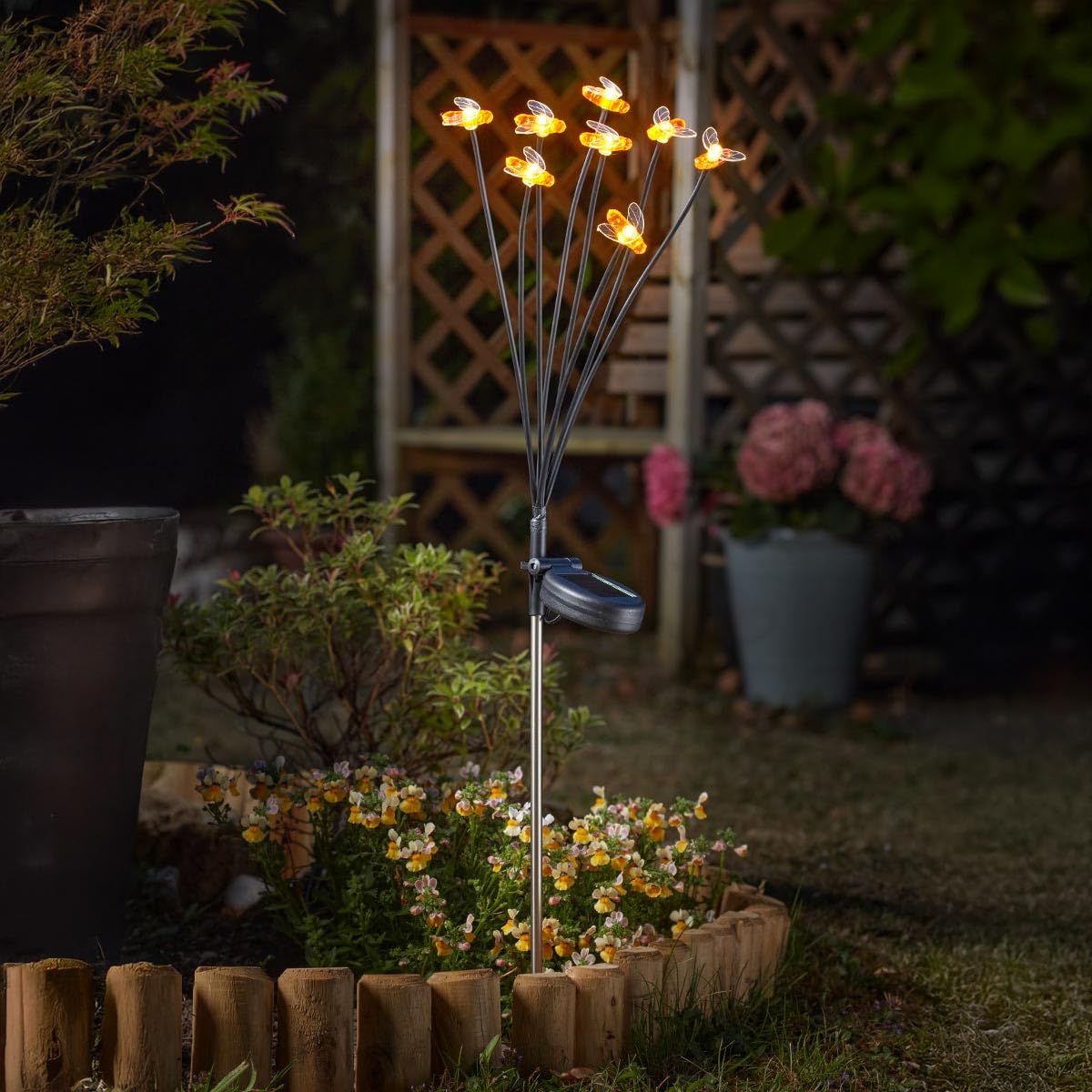 Festive Lights - 70cm Solar Garden Bee Stake Light with 8 Warm White LEDs - Weather Resistant Outdoor Decor, Adjustable Arms & Tiltable Panel - Automatic Dusk to Dawn Glow for Pathways & Borders — image 1