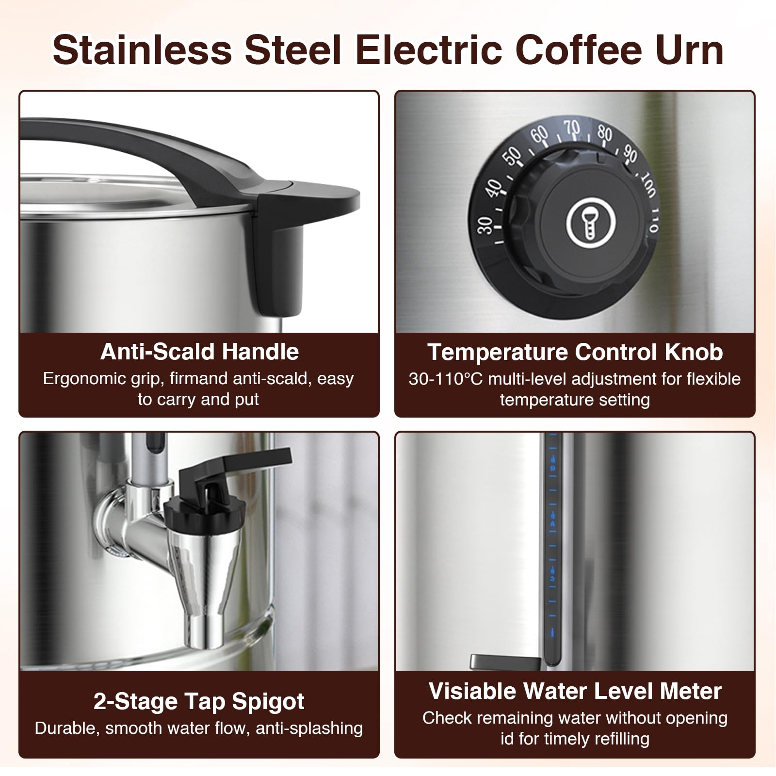 Cafetière urne de 8 l avec filtre rond, en acier inoxydable 304, avec réglage de la température de 30 à 110 °C et indicateur de niveau, pour maison, fête, bureau, mariage
