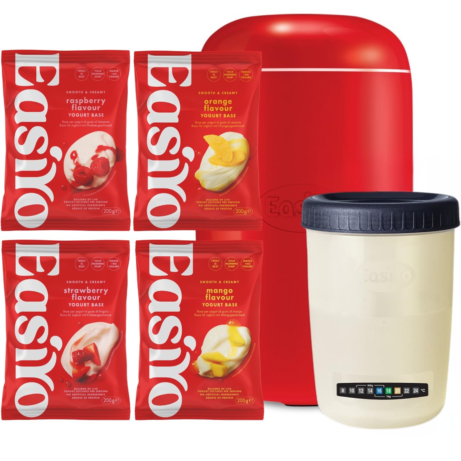EasiYo Starter-Set mit rotem 1kg Joghurtbereiter | Inklusive 4 Beutel: Erdbeere, Himbeere, Mango & Orange | Komplettes Set für hausgemachten Joghurt