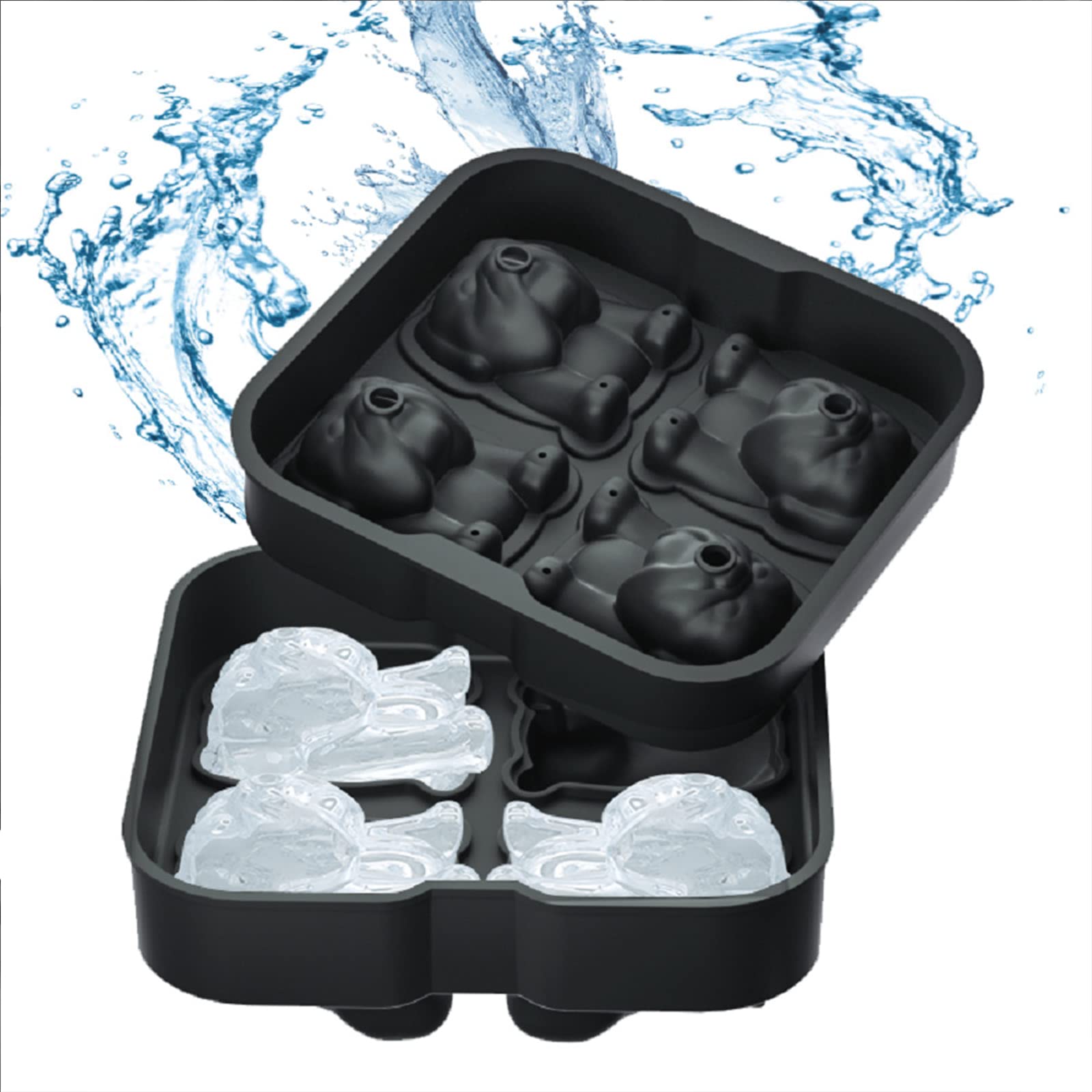 Silikon-Eiswürfelform Bulldogge – 4-fach, Mit Deckel & Trichter, Für Große Eiswürfel In Whisky & Cocktails