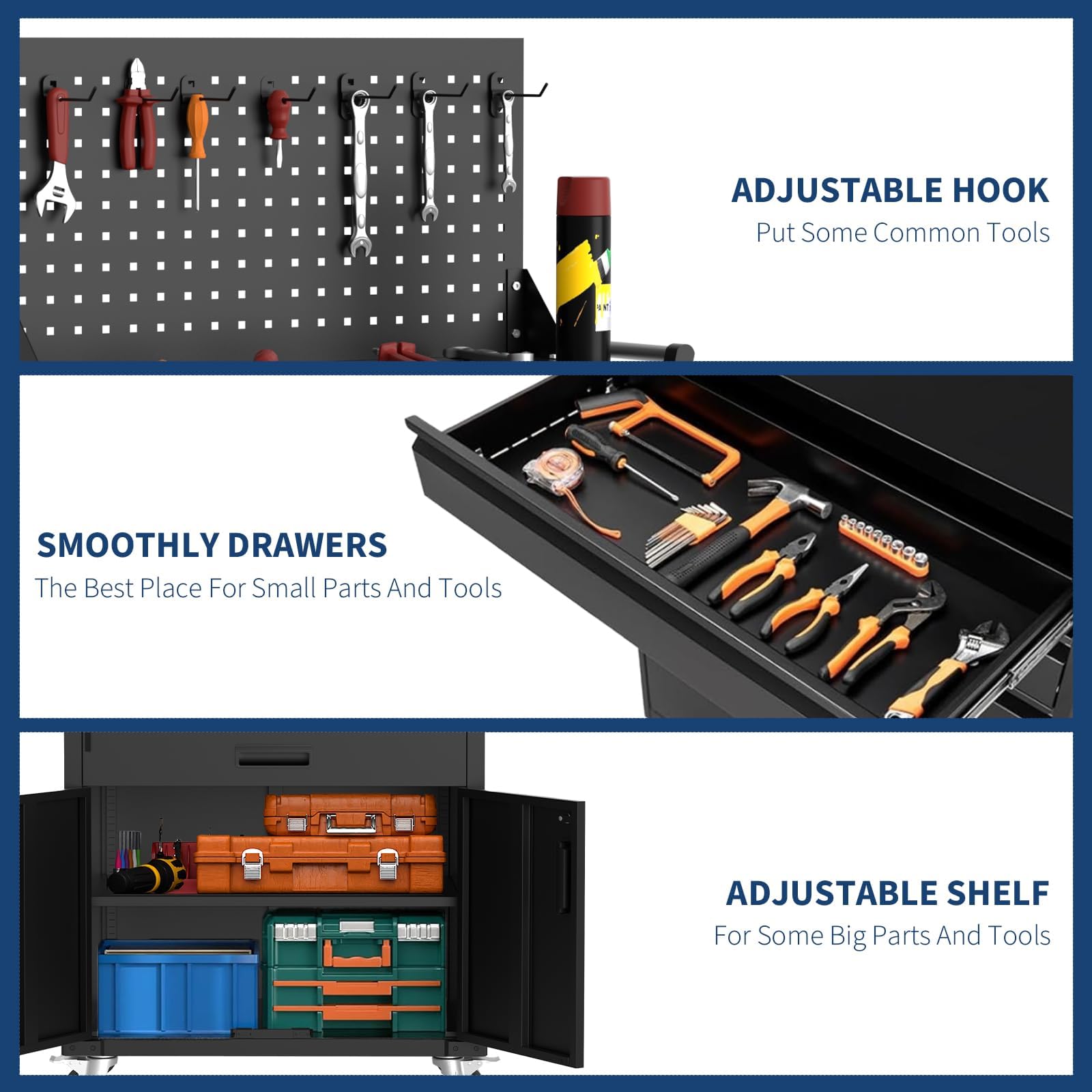 Armadietto Garage Mobile da Officina, Armadio Ufficio, 2 Cassetti Scaffali In Metallo, Pegboard, Ruote Robuste, Armadio Salvaspazio per Garage, Magazzino O Laboratorio, 80 X 42 X 90 cm