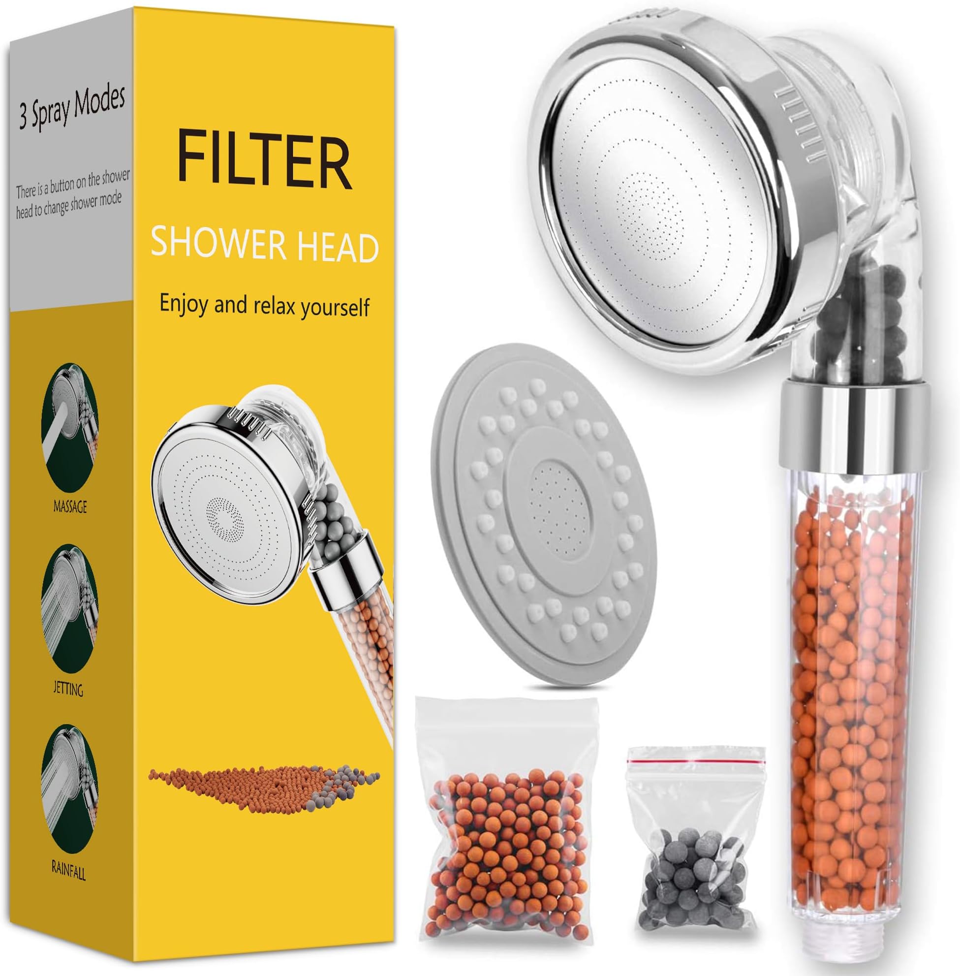 Magichome High Pressure Filter Shower Head with 3 Spray Modes | Water Softener Showerhead for Hard Water Low Water Pressure, Includes Extra Replaceable Stone