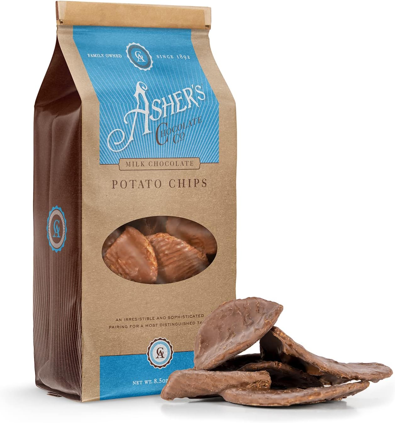 Asher's Chocolate Company, Delicious Chocolate Covered Potato Chips, Made from the Finest Kosher Chocolate, Family Owned Since 1892 (8.5oz, Milk Chocolate)