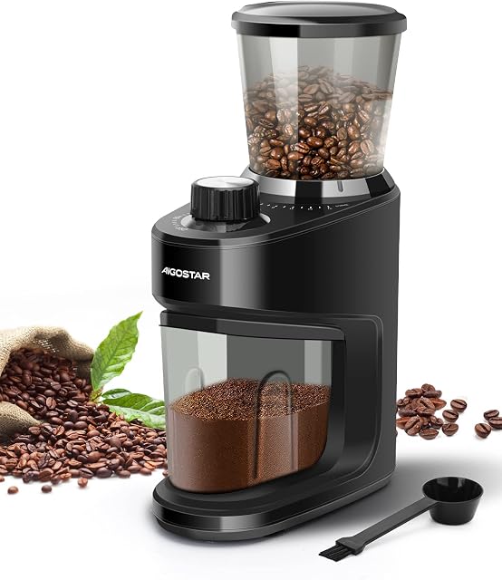 Aigostar Conical Burr Coffee Grinder, Electric Coffee Bean Grinders, Portion Control, Multiple Grind Settings, Black, Hills 30H1L