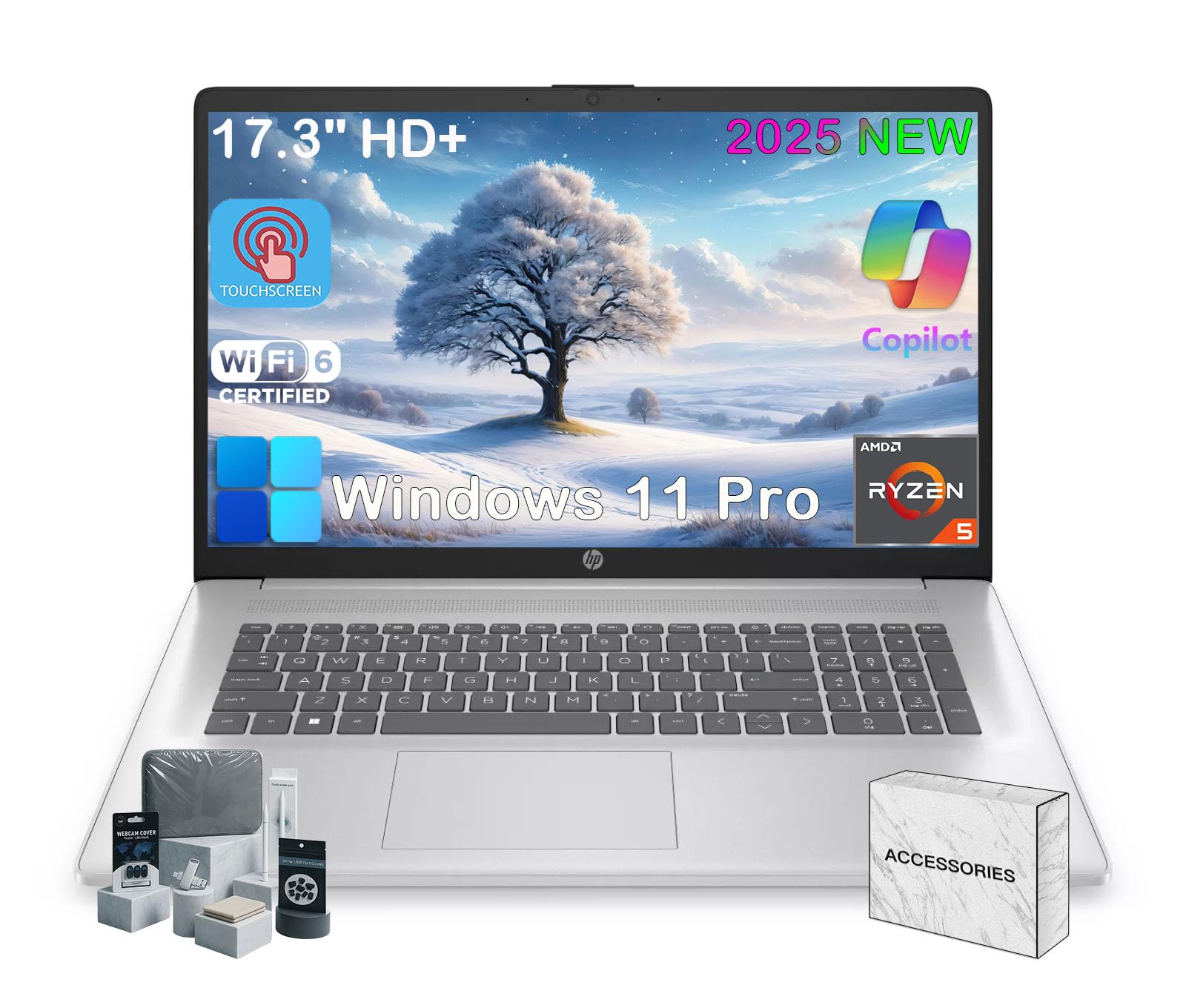 17 Touchscreen Laptop Computer - 17.3" HD+ AntiGlare Display, 64GB RAM, 2TB SSD, AMD Ryzen 5 7430U, Copilot, HP Fast Charge, for Business & Student, HD Camera, Wi-Fi 6, Win11 Pro, with Accessories