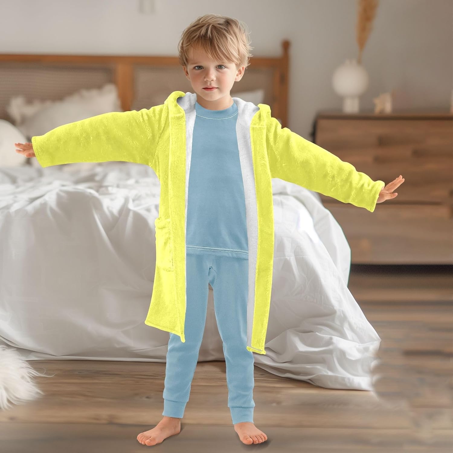 ODAWA Moon Yellow Kids Bathrobe, Super Soft Plush Hooded Towel Robe for Boys Girls, Quick Dry Swimming Bath Wrap