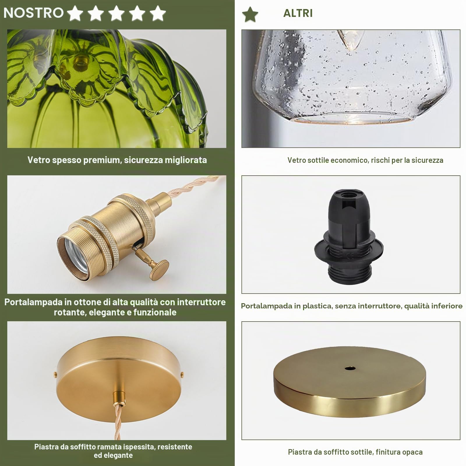 Lampadario a Sospensione Regolabile Verde per Isola Cucina, Lampadario Vintage in Ottone, Lampadario Vetro, Adatto per Camera da Letto, Sala da Vivere, Stanza da Pranzo, Lampadine Non Incluse