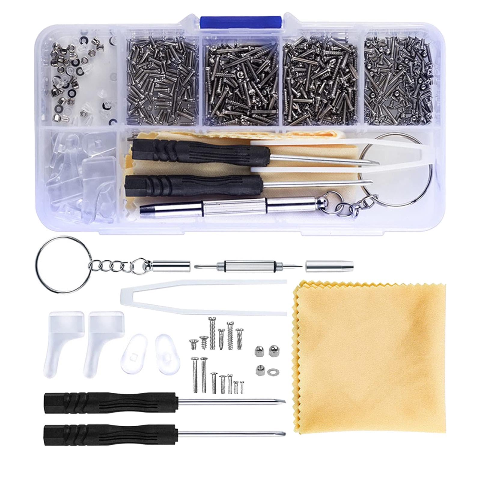 500 Pcs Eyeglass Repair Kit - Mini Screwdrivers, Silicone Nose Pads, Screws Nuts, Tweezers & Cleaning Cloth for Sunglasses, Watches & Small Electronics, Portable Transparent Case