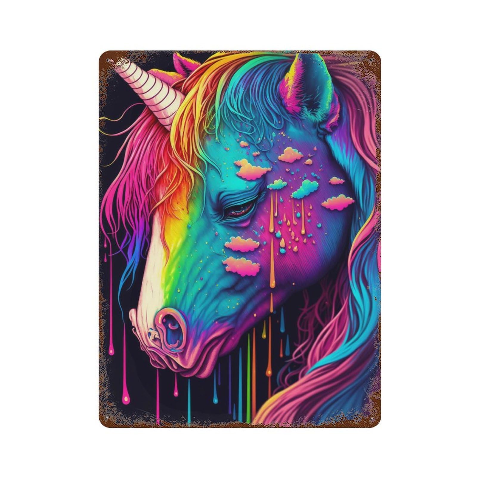 Rainbow Unicorn Art Print Rusty Metal Tin Sign 15.7"x11.8", Old School Wall Decor for Garage, Pub Or Kitchen