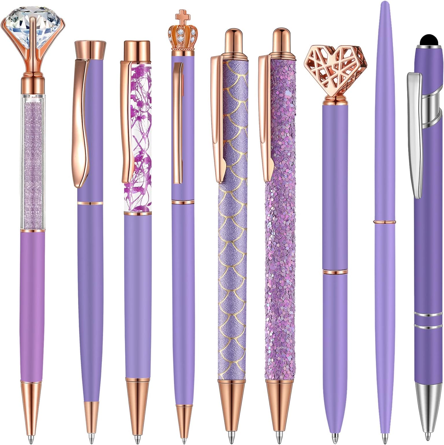 9 Pcs Ballpoint Pens Set Metal Crystal Diamond Glitter Pens for Journaling Black Ink Pretty Cute Things Fancy Stationery Gifts for Women Girls Birthday Home Office Desk(Purple)