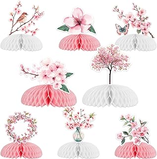 8Pcs Cherry Blossom Honeycomb Centerpieces for Girls, Japanese Cherry Blossom Themed Party Decorations for Birthday Baby Shower Gender Reveal Wedding Bridal Shower Party Decor