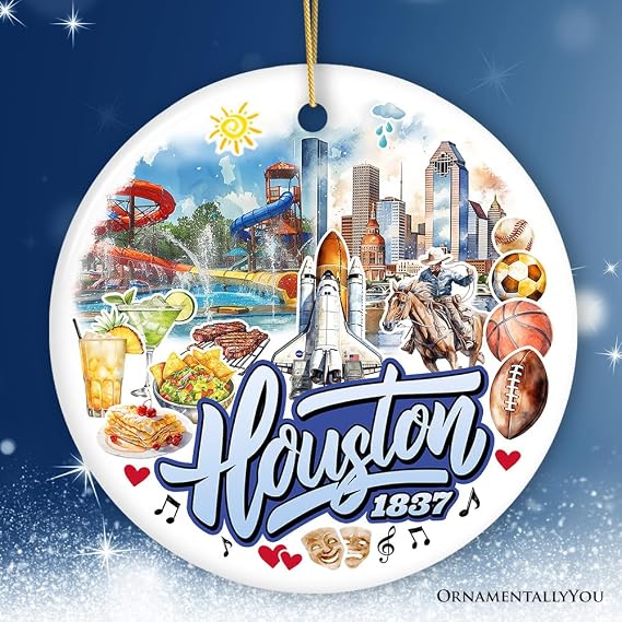 Artistic Houston Ceramic Ornament, Texas Souvenir with Vintage City Elements and Space Shuttle (Circle)