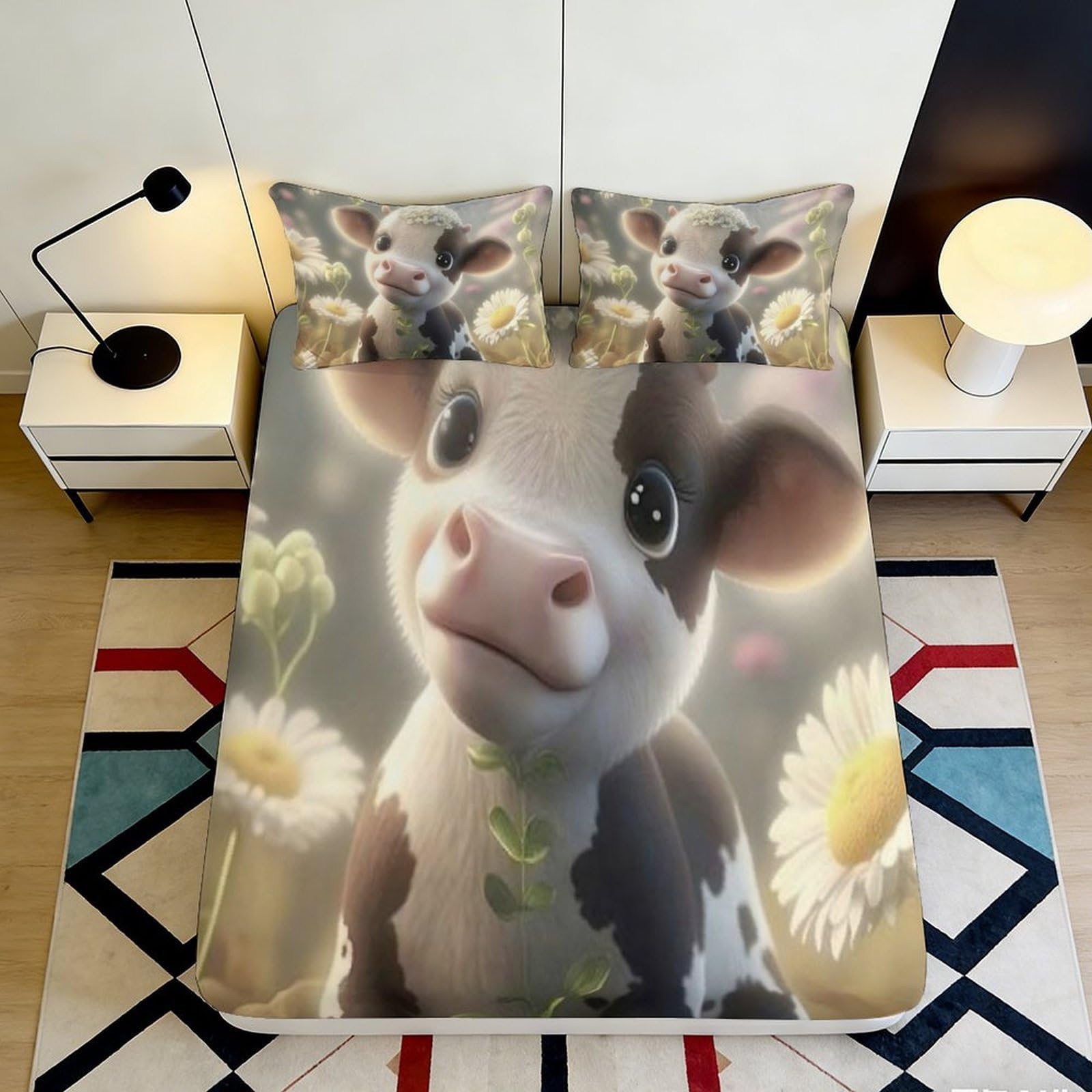 3D Printed Cute Cow Fitted Sheet Microfiber Non-slip Bed Sheet Daisy Mattress Cover for Bedroom Guest Room Decor 90x200x25cm