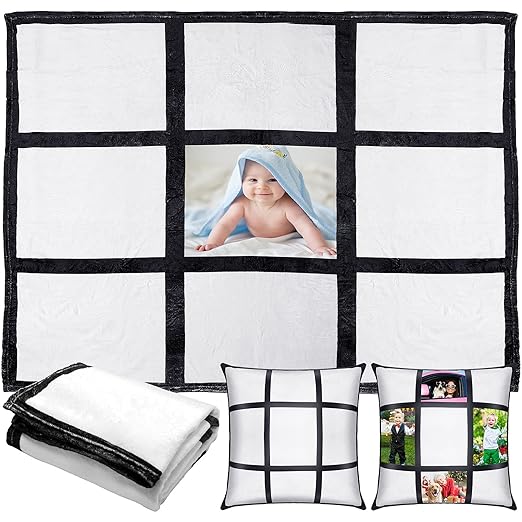 Peryiter Sublimation Flannel Throw Blanket and 2 Pieces Blank Pillow Cases 59.1 x 49.2 Inches Personalized Custom Photo Blanket with 9 Printable Panels Soft Blanket Pillow Covers for Home Supplies