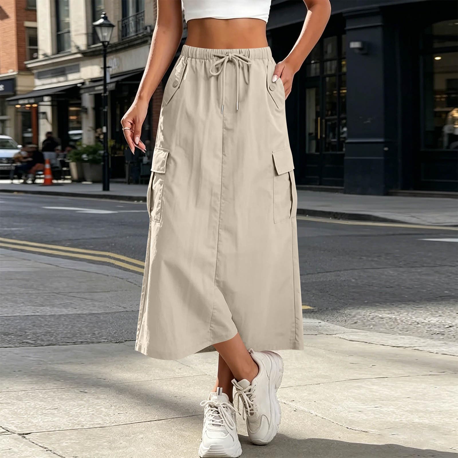 Langer Rock Damen Sommerrock Midirock Elegant Lang Cargo Rock mit Schlitz Hinten Wanderrock Sommer Cargorock Einfarbiges Lässig Sportrock mit Elastische Taille und Kordelzug Freizeitrock