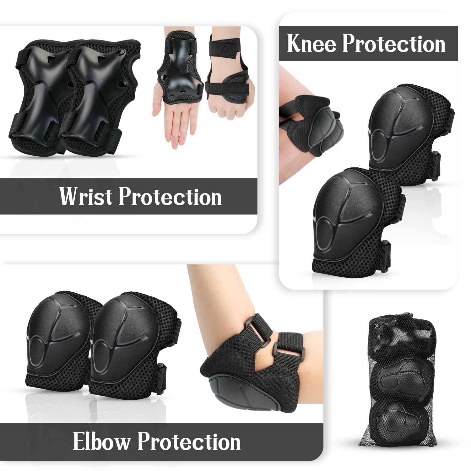 Kids Knee And Elbow Pads ,6pcs Wrist Guard Knee And Elbow Pads for Children Kids Sports Protective Gear Set including Mesh Bag for Skateboard Roller Skating - Image 4