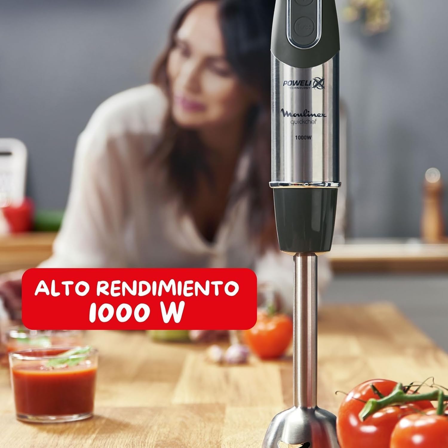 Moulinex QuickChef, Batidora de Mano de 1000 W, 10 velocidades variables y función turbo, Protector antisalpicaduras, Incluye picador de 500 ml y vaso medidor de 800 ml, Negra, DD6578
