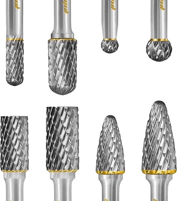 Tungsten Carbide Burr Set 1/4 Shank 8PC Double Cut Rotary Cutting Burrs + Microfoam Nitrile Safety Work Gloves Set Size 08 / 3PC