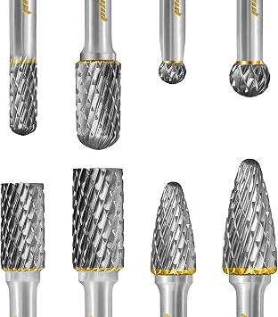 Tungsten Carbide Burr Set 1/4 Shank 8PC Double Cut Rotary Cutting Burrs + Microfoam Nitrile Safety Work Gloves Set Size 08 / 3PC