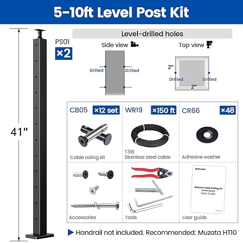 Miniatura 2 de Muzata Kit de barandilla de cable modular negro de 5 a 10 pies, kit de postes de 42 pulgadas, juego completo de sistema de barandilla de cable para