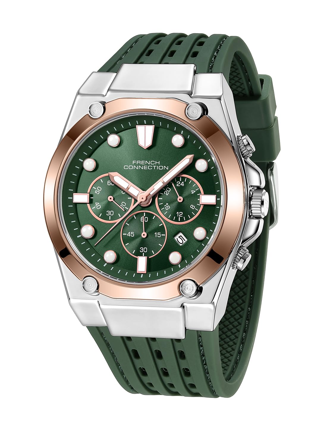 French Connection Stratonix Quartz Chronograph Watch, green dial and silicone strap