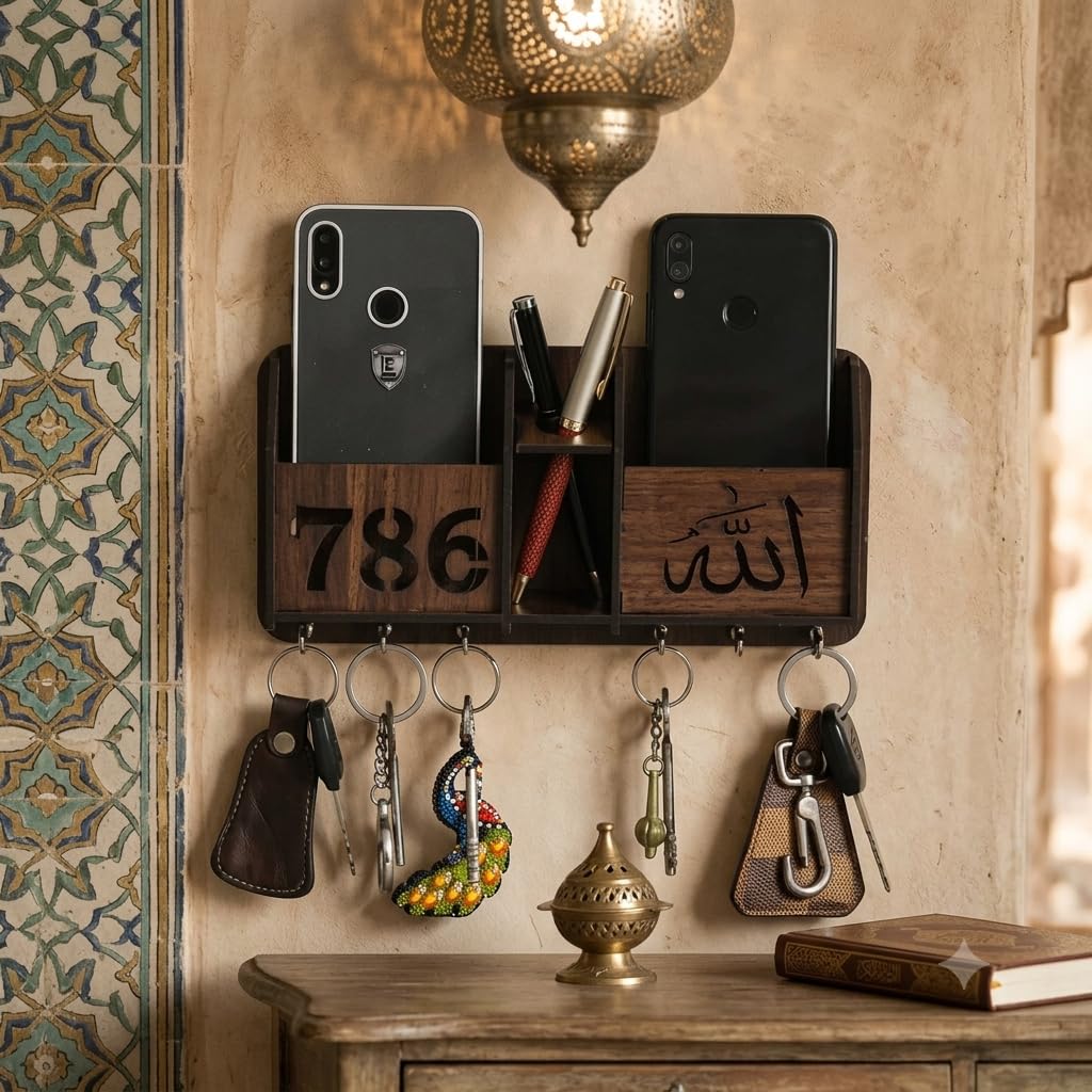 CAPIO ART Wooden Key Holder - 7 Hooks & Mobile Storage -9