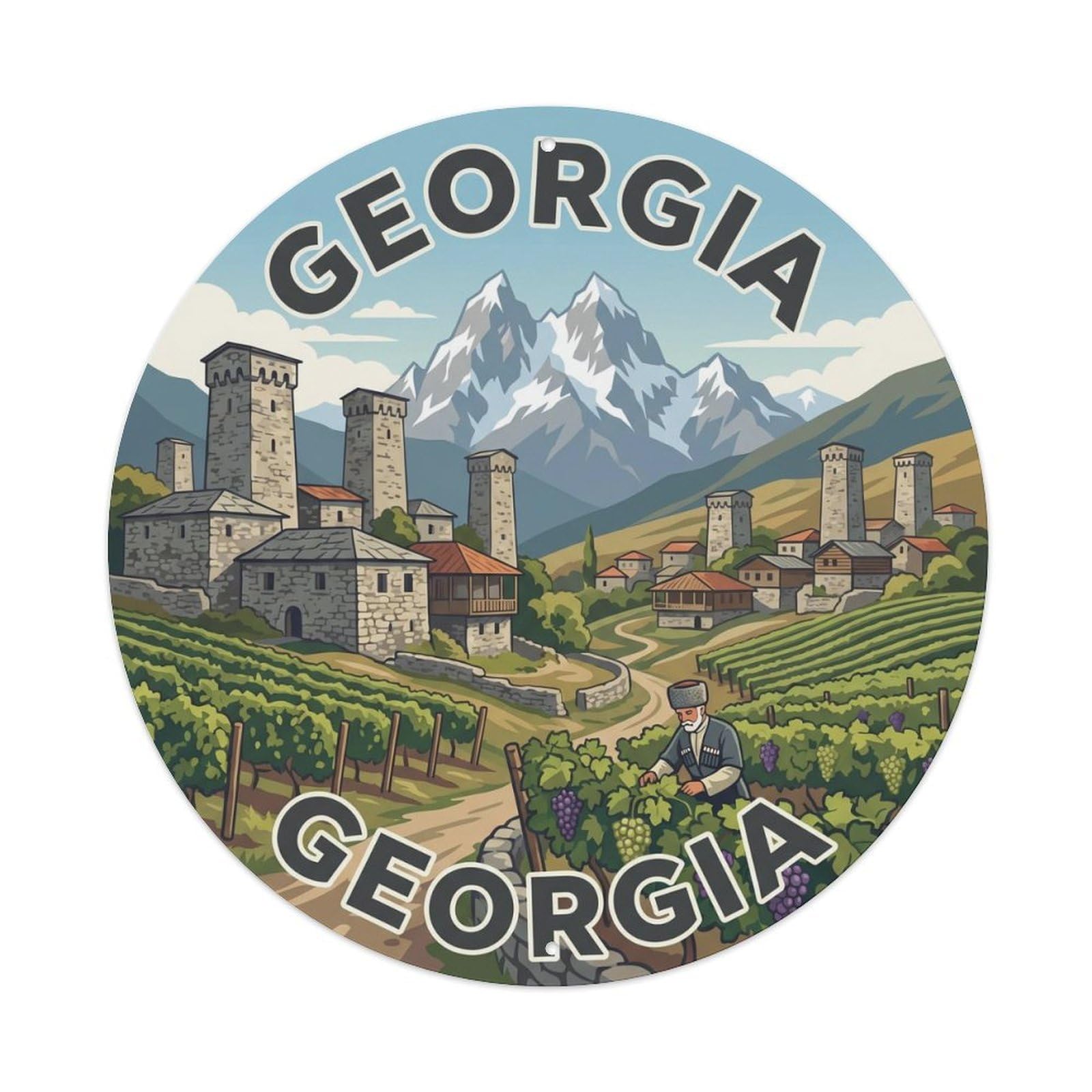 Yrnq 8X8inch Vintage Style Vintage Travel Georgia Svaneti Towers Metal Tin Sign