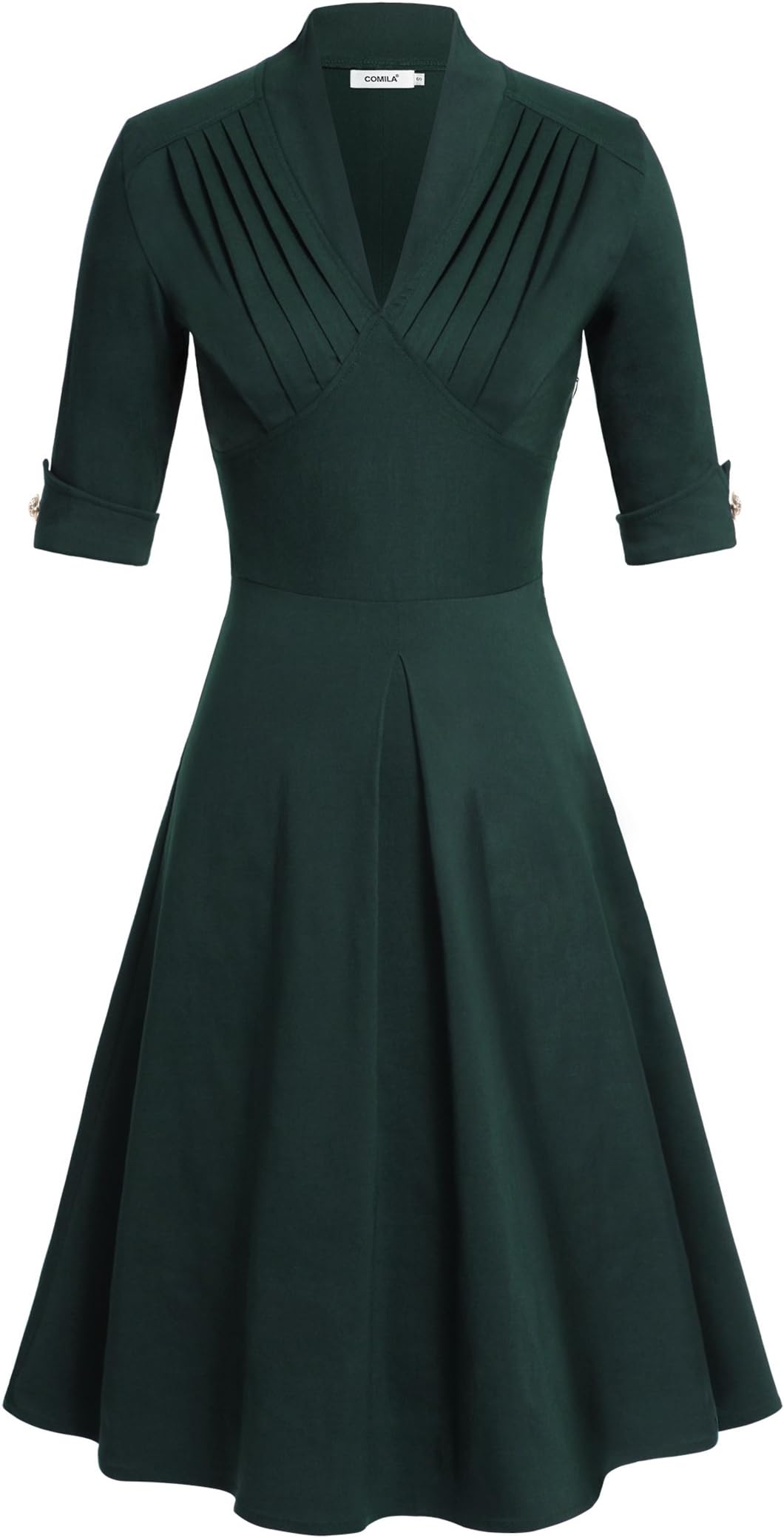 Comila Women Classic Half Sleeves V-Neck Concealed Zipper Pleated Dress
