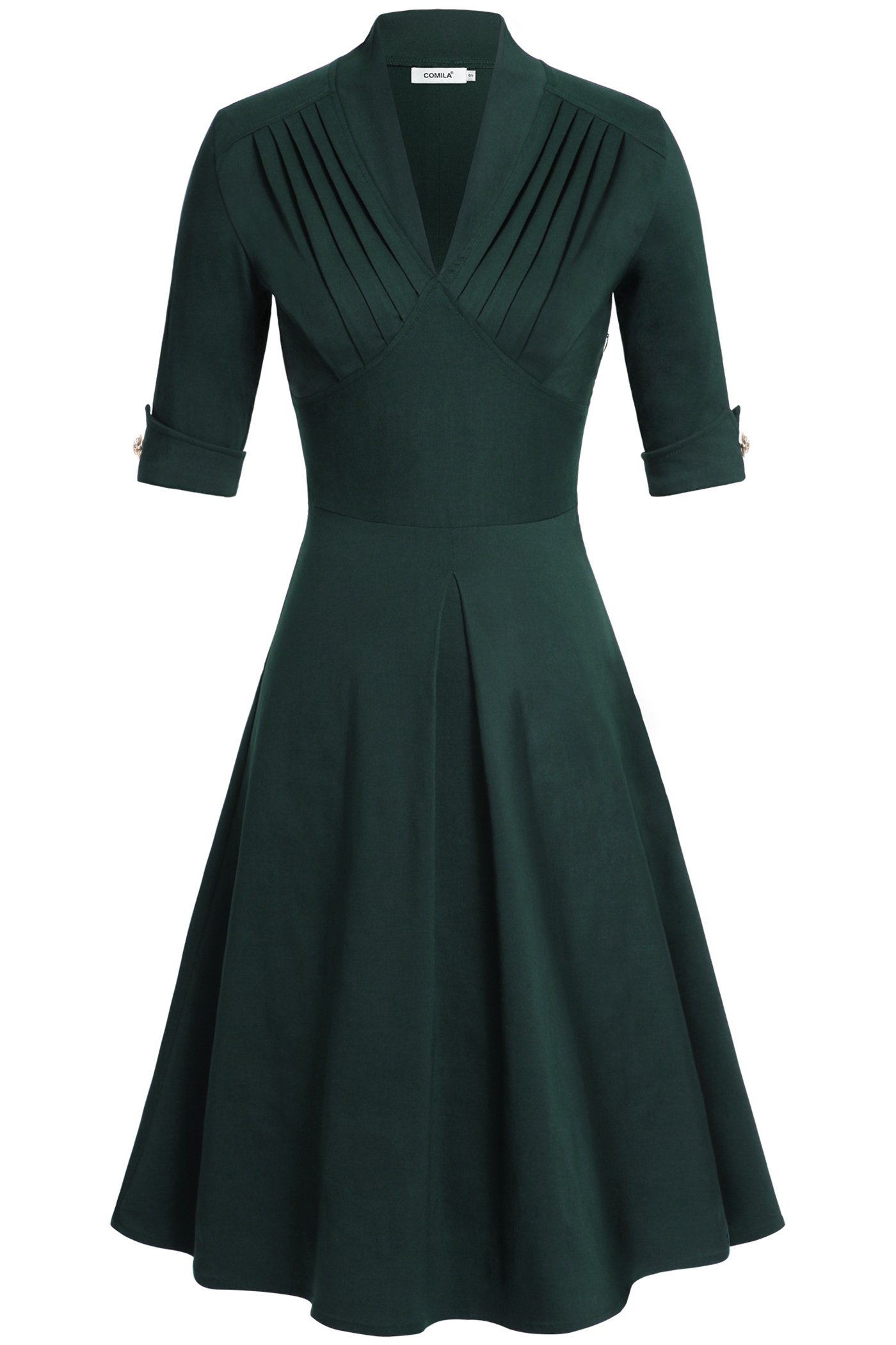 Comila Women Classic Half Sleeves V-Neck Concealed Zipper Pleated Dress