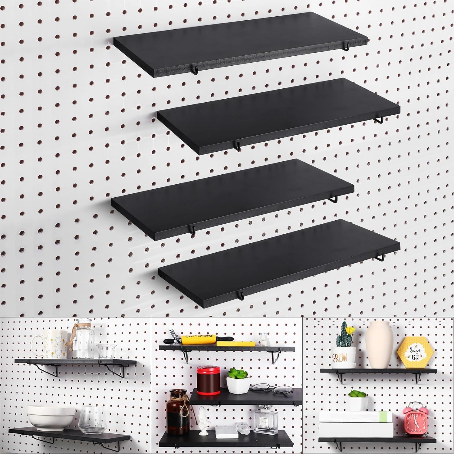 Blulu 4 Set Large Pegboard Shelf Kit Fiberboard peg Board Shelving Storage Brackets Stain Resistant Peg Board Organizer Shelves Pegboard Accessories for Wall(13.78 x 5.91 inches,Black)