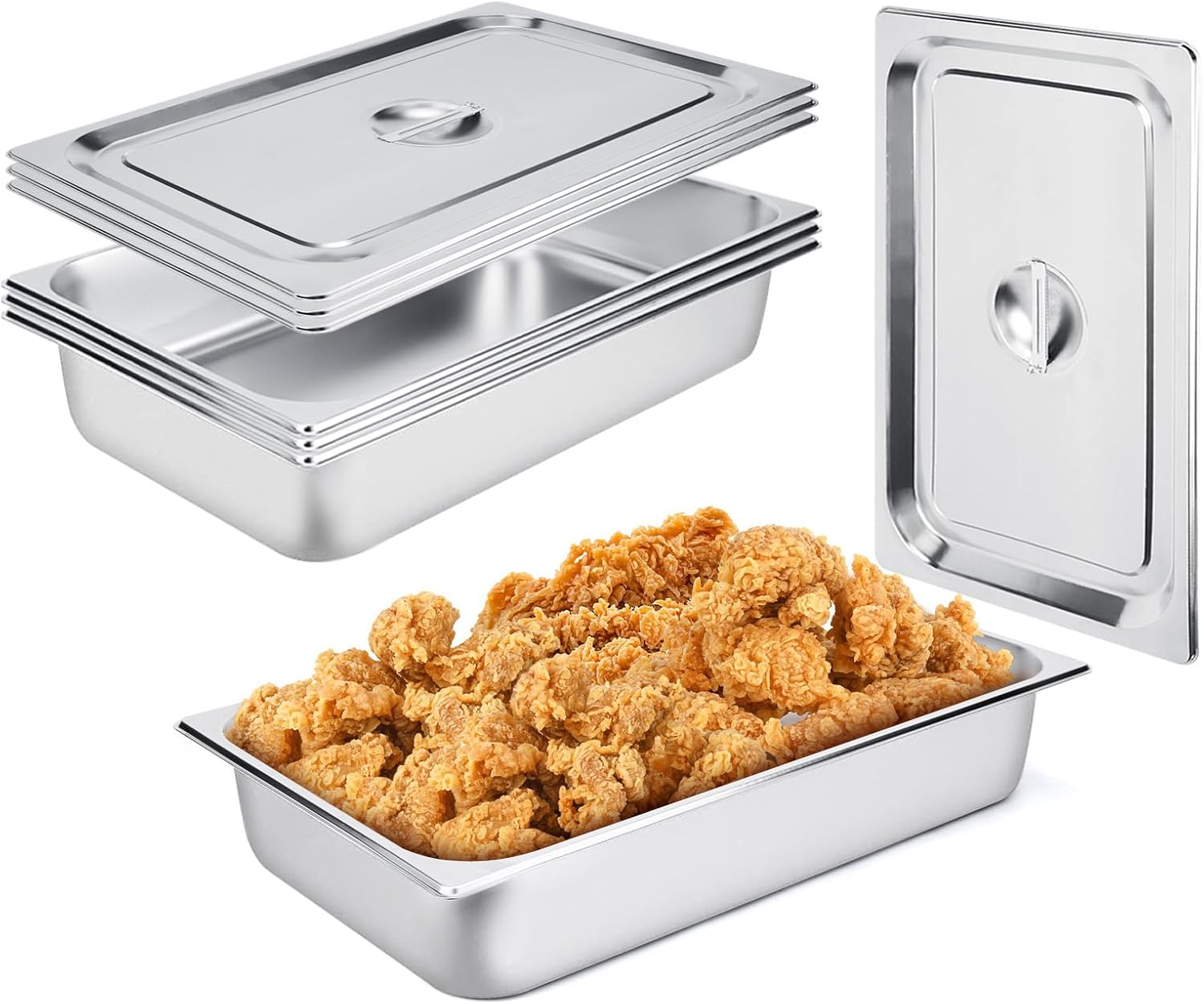 4 Pack Hotel Pans, 1/1 Full Size 4’ Deep Steam Table Pan with Lid, 21" L x 13" W Commercial Stainless Steel Pan Food Containers, Catering Supplies Buffet Display