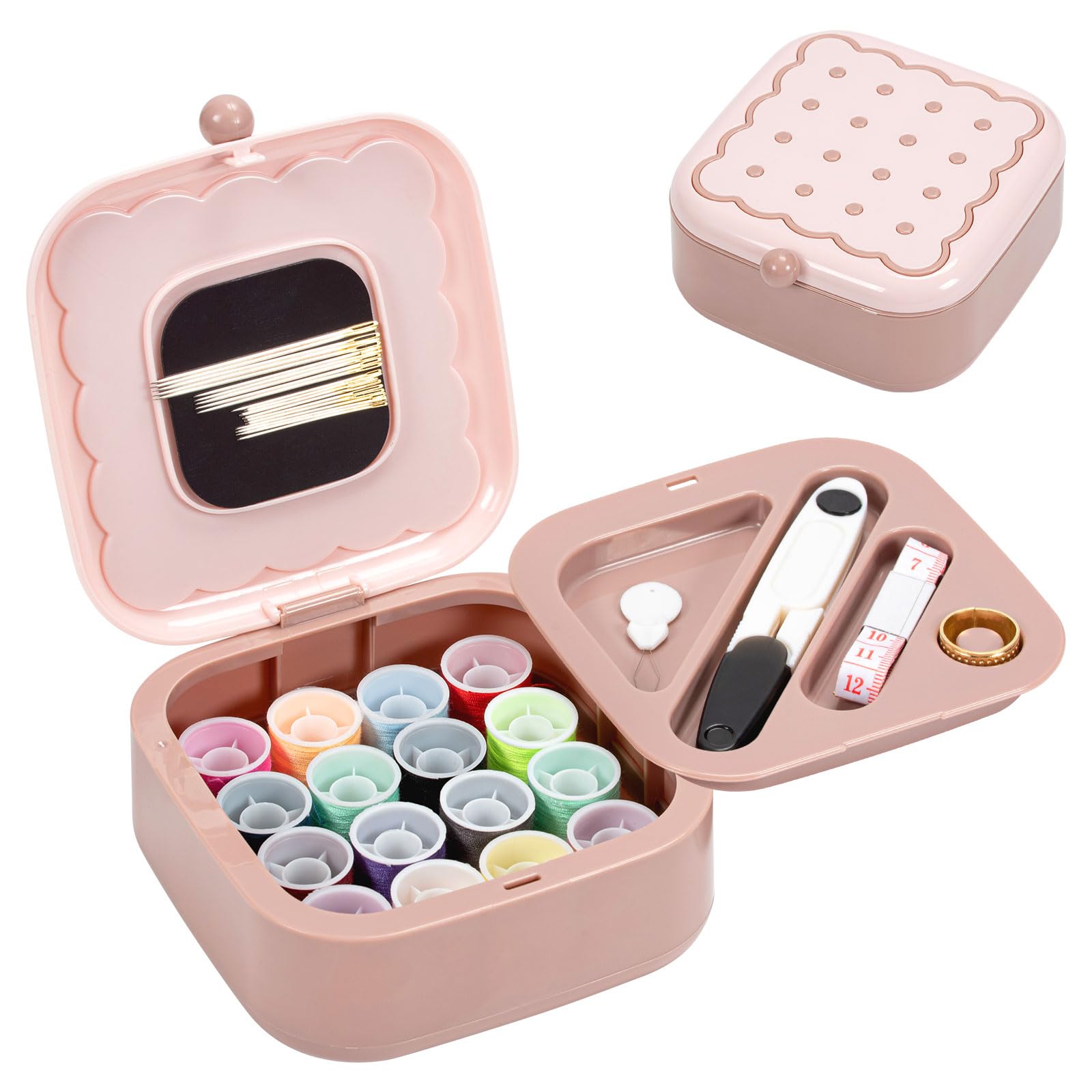 Small Sewing Kits for Adults Beginners,2-Layer Organizer Sewing Box with Strong Magnetic Sticker,Needle and Thread Kit for Travel Home Daily Use (Pink B)