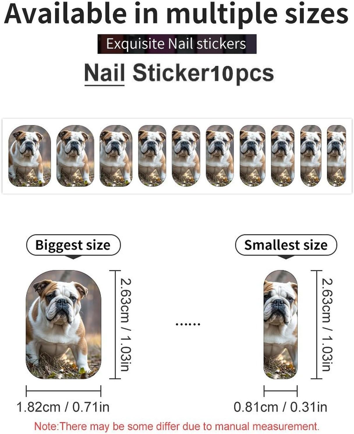 English Bulldogs Nail Strips for Women, 100 Pcs 10 Sheets Nail Art Stickers for Holiday, Waterproof Nail Transfer for Party, No LED Lamp Needed, Nail Adhesive Pads for Gift image 3