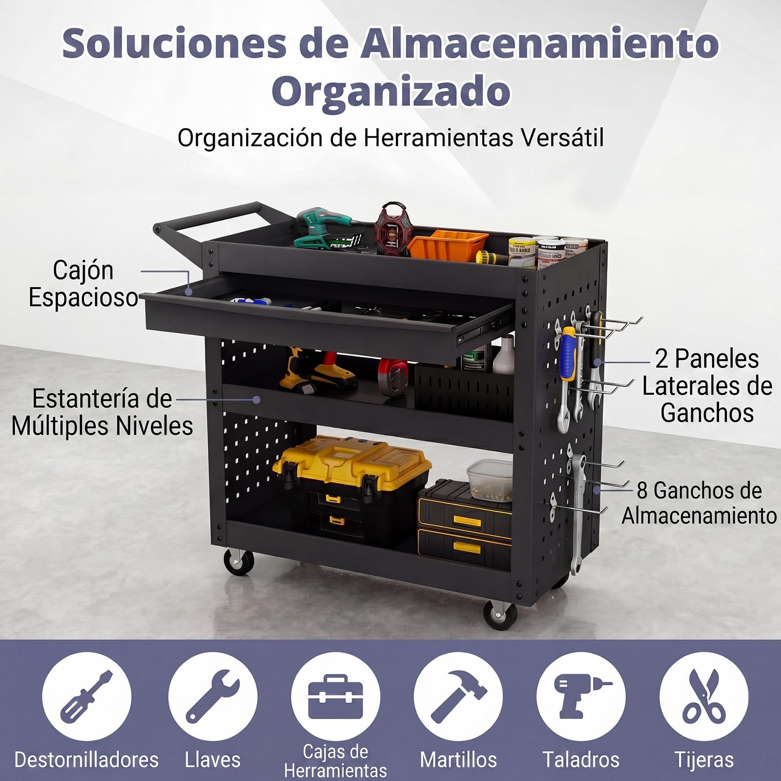 GYMAX Carro de Almacenamiento para Herramientas, Carro de Taller de 3 Niveles con Cajón, 2 Paneles Perforados, 8 Ganchos y Ruedas, Carrito Rodante de Transporte para Taller, Garaje y Almacén