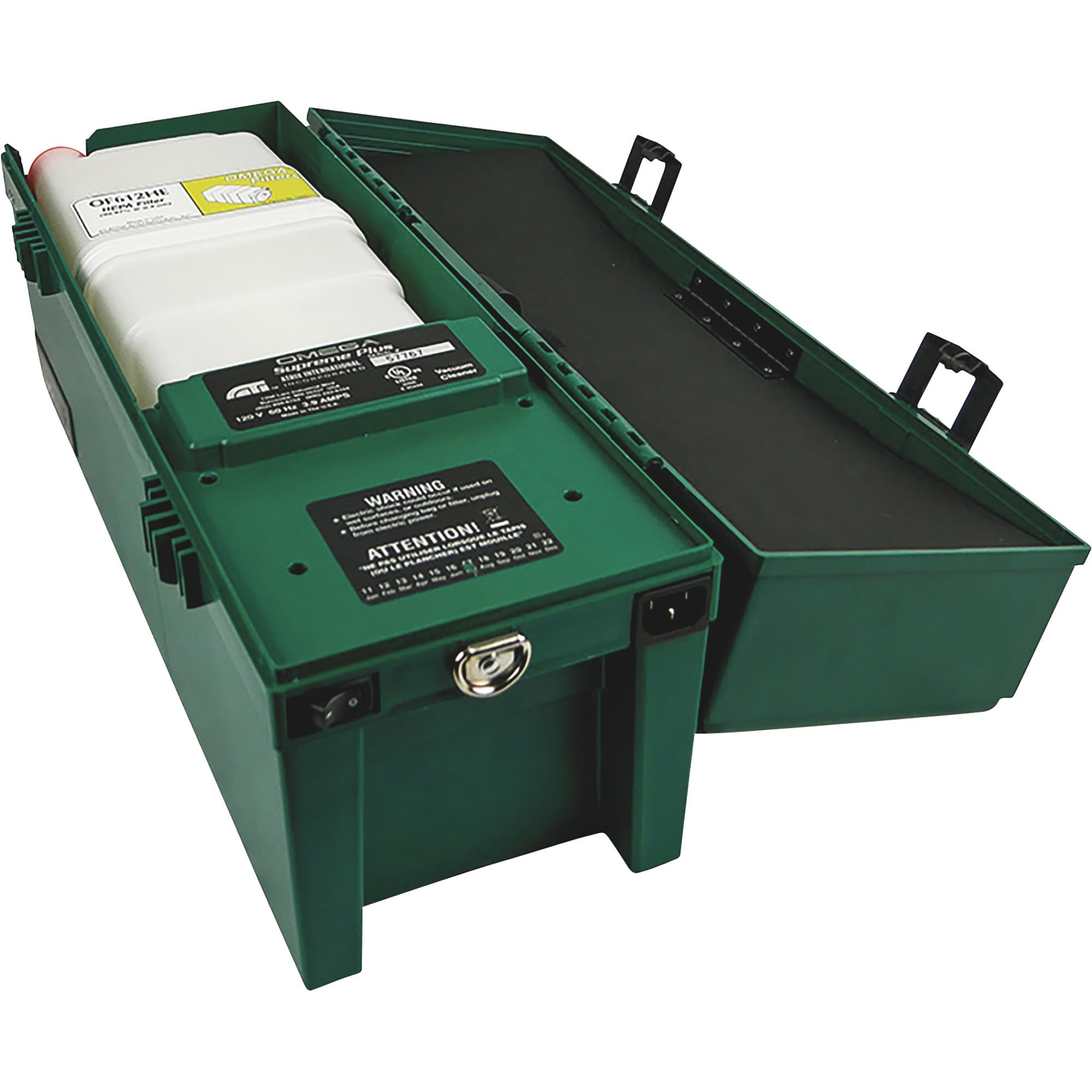 دننه view of Atrix Omega Green Supreme Vacuum showing filter and power connection