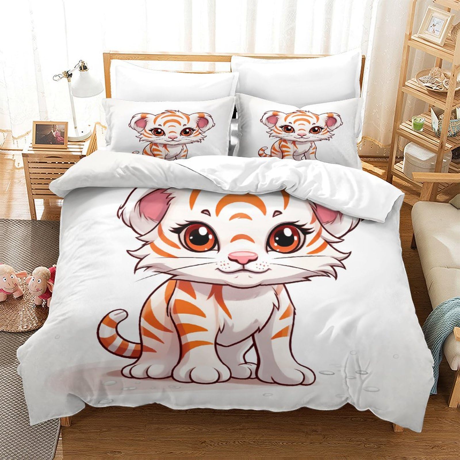 Housse de couette tigre blanc anti-acarien 260x220 avec taies d'oreiller zippées