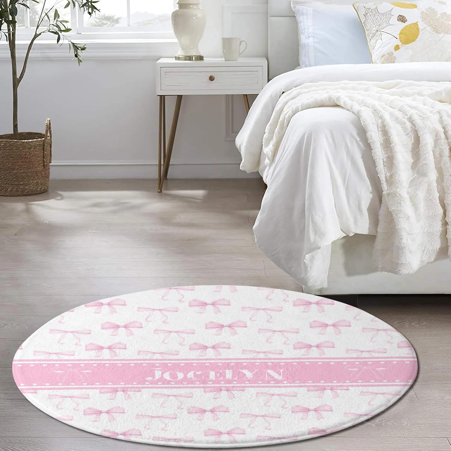 Ribbon Bows Kids Area Rug for Playroom, Pink Kids Classroom Carpet Rug, Custom Name Washable Play Mat Rug for Children Nursery Toddler Room Decor 80CM