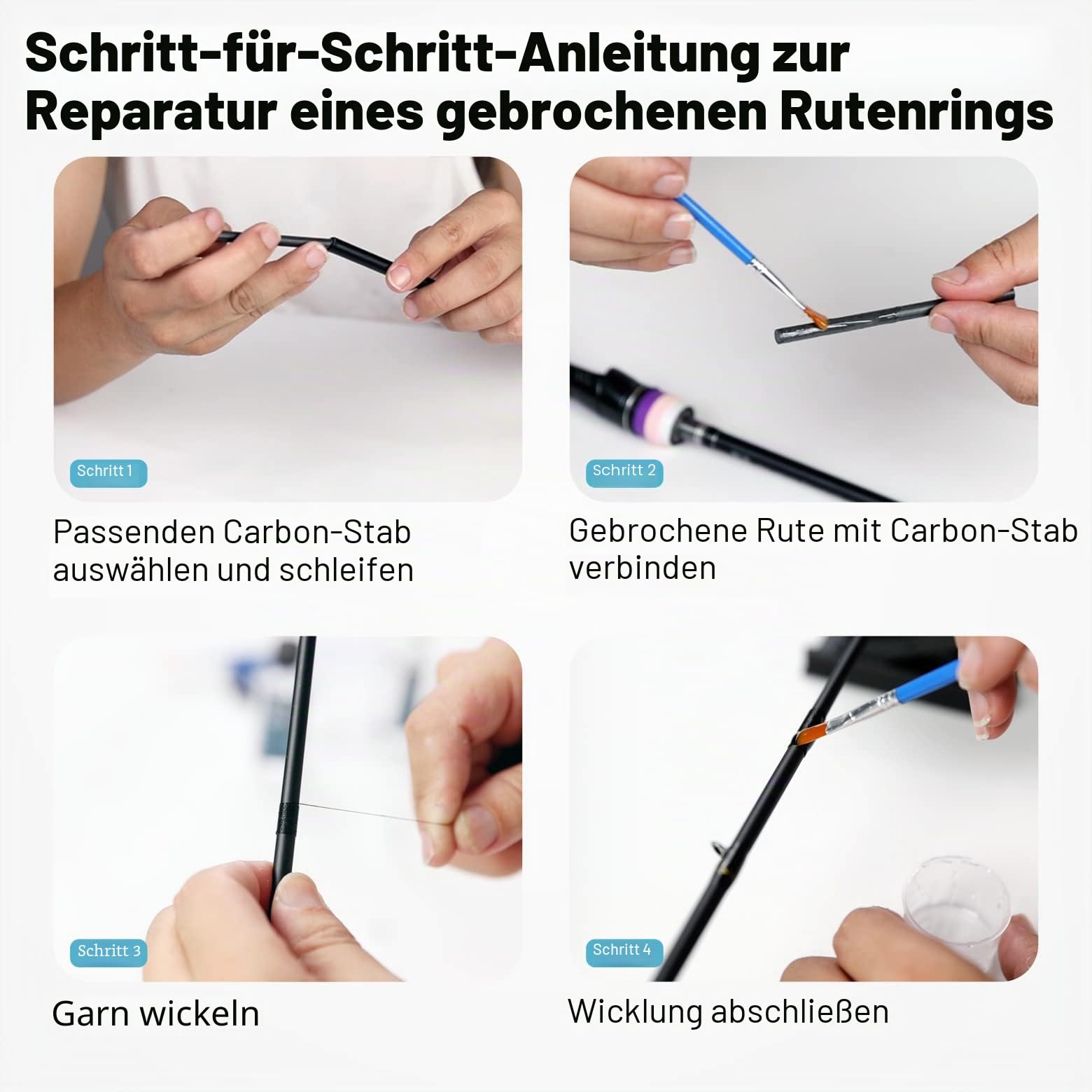 Komplettes Angelruten-Reparaturset, komplettes Zubehör mit Kleber für Süß- und Salzwasser, zerbrochene Angelruten-Reparatur mit Kohlefaser-Sticks, Epoxid-Finish