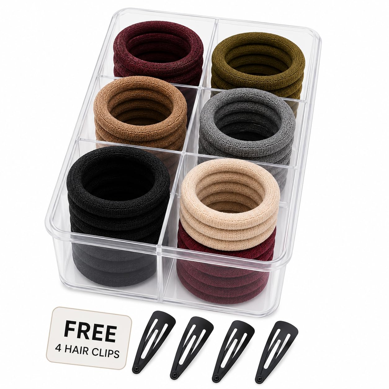 Premium Fabric Hair Ties for Women (Pack of 30) + 4 Free Black Snap Hair Clips | Soft Knit Elastic Hair Bands | No Hair Breakage | Strong Hold | Thick & Thin Hair | Ponytail Holder for Daily Wear, Office, Gym & Travel-image-0