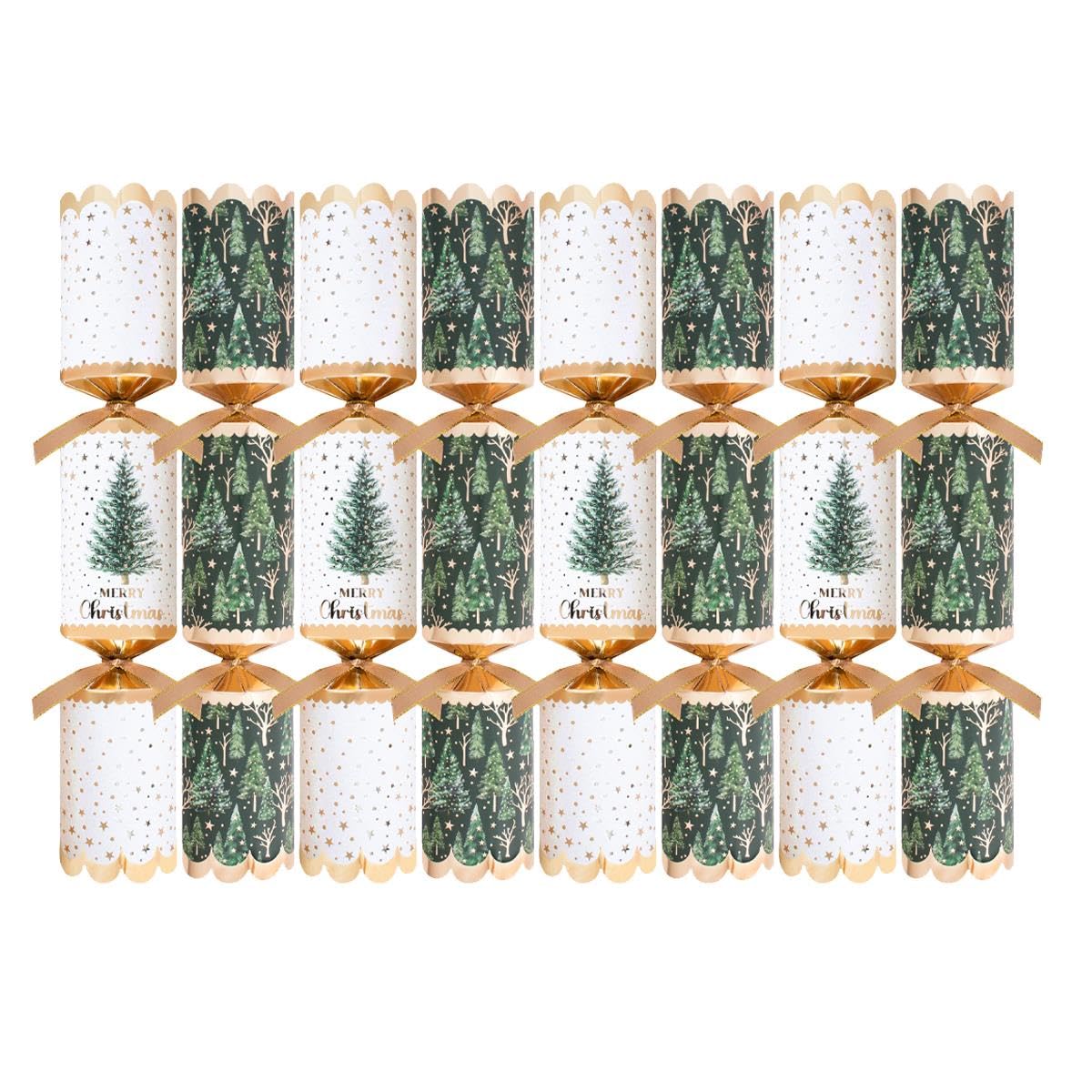 Harvey & Mason Pack of 8 Premium Green White Gold Tree Christmas Crackers - 12.5" Metallic Festive Xmas Holiday Dinner Table Decorations - Novelty Fun Prizes Gifts Contains Hats Jokes