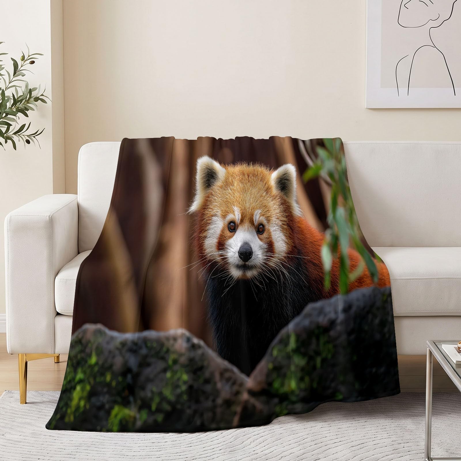 Koc polarowy, brązowy, zwierzę, na wszystkie pory roku, miękki, przytulny, pluszowy, flanelowy, czerwona panda, skały, fotografia, nie mechaci się, odporny na blaknięcie, dla najemców, mieszkańców