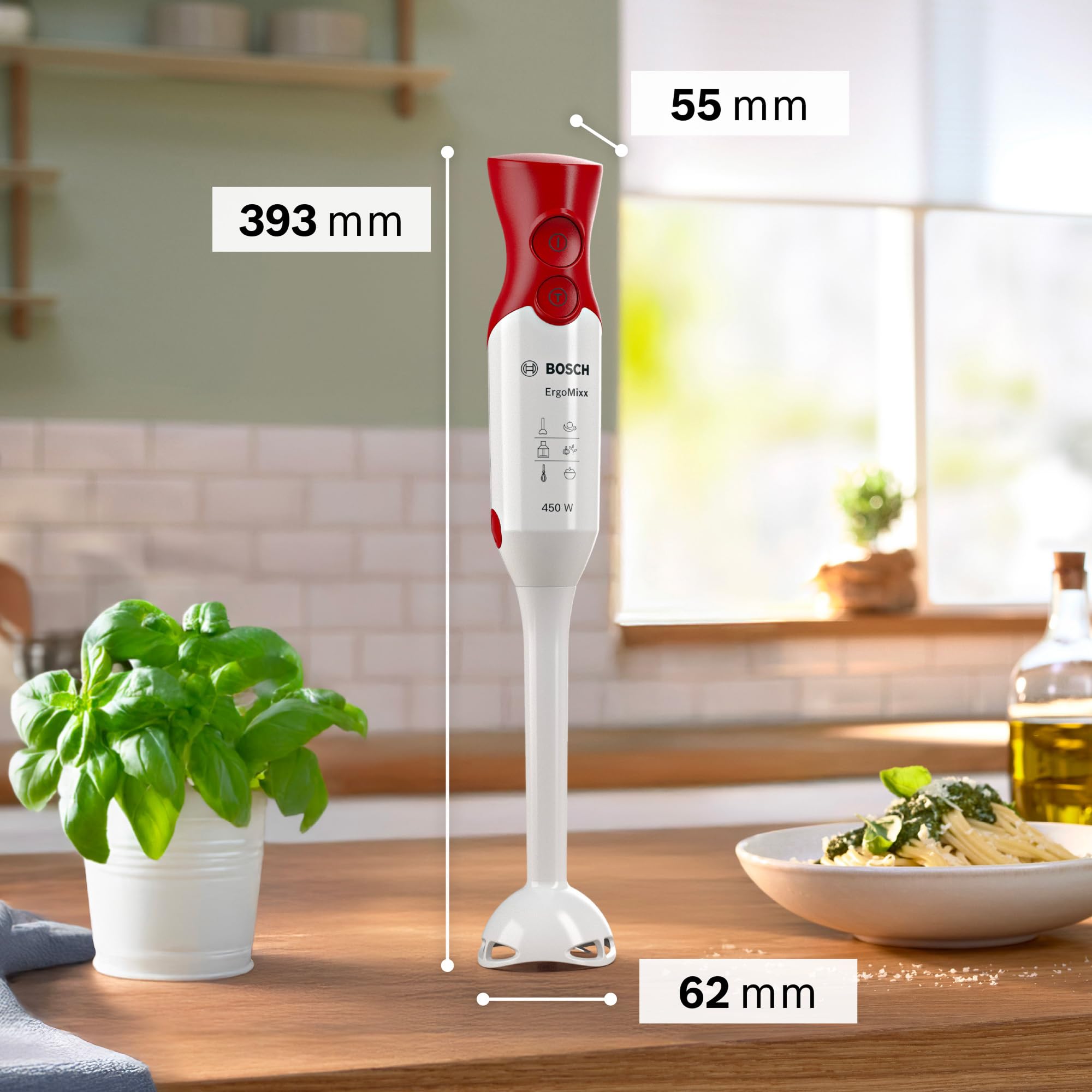 Bosch Frullatore a Immersione MSM64010, 450 W, Impugnatura Ergonomica, Lama a 4 Ali Anti Schizzi, 2 Livelli di Velocità, Bicchiere Graduato Incluso, Bianco, Rosso