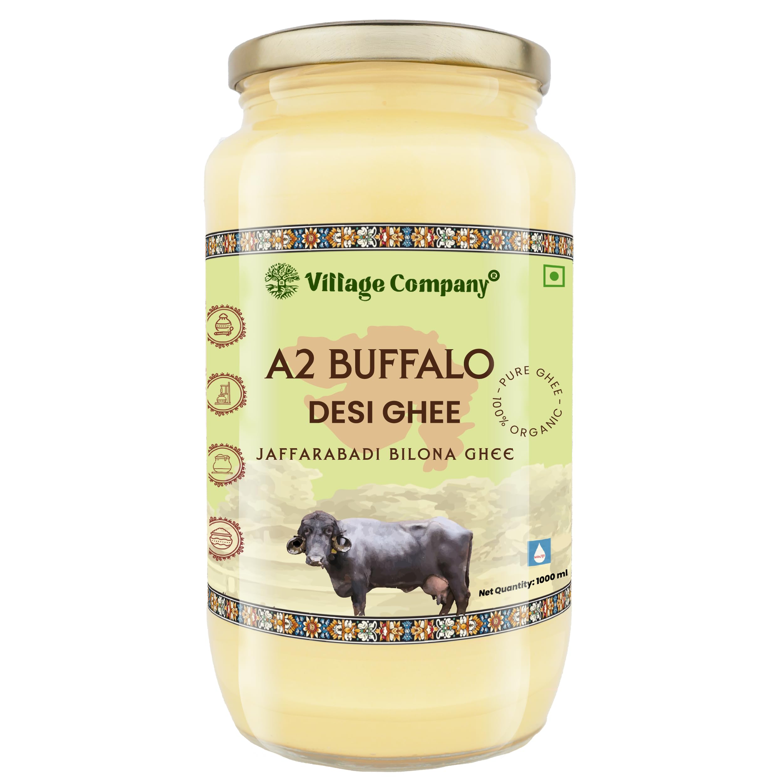 Village Company A2 Buffalo Desi Ghee 1000ML | Ghee Vedic Bilona Method | Organic Pure Natural | Two Way Curd Churned - Best Farm Fresh Grass Fed Cattle Milk | India Lab Certified | Glass Jar One Litre