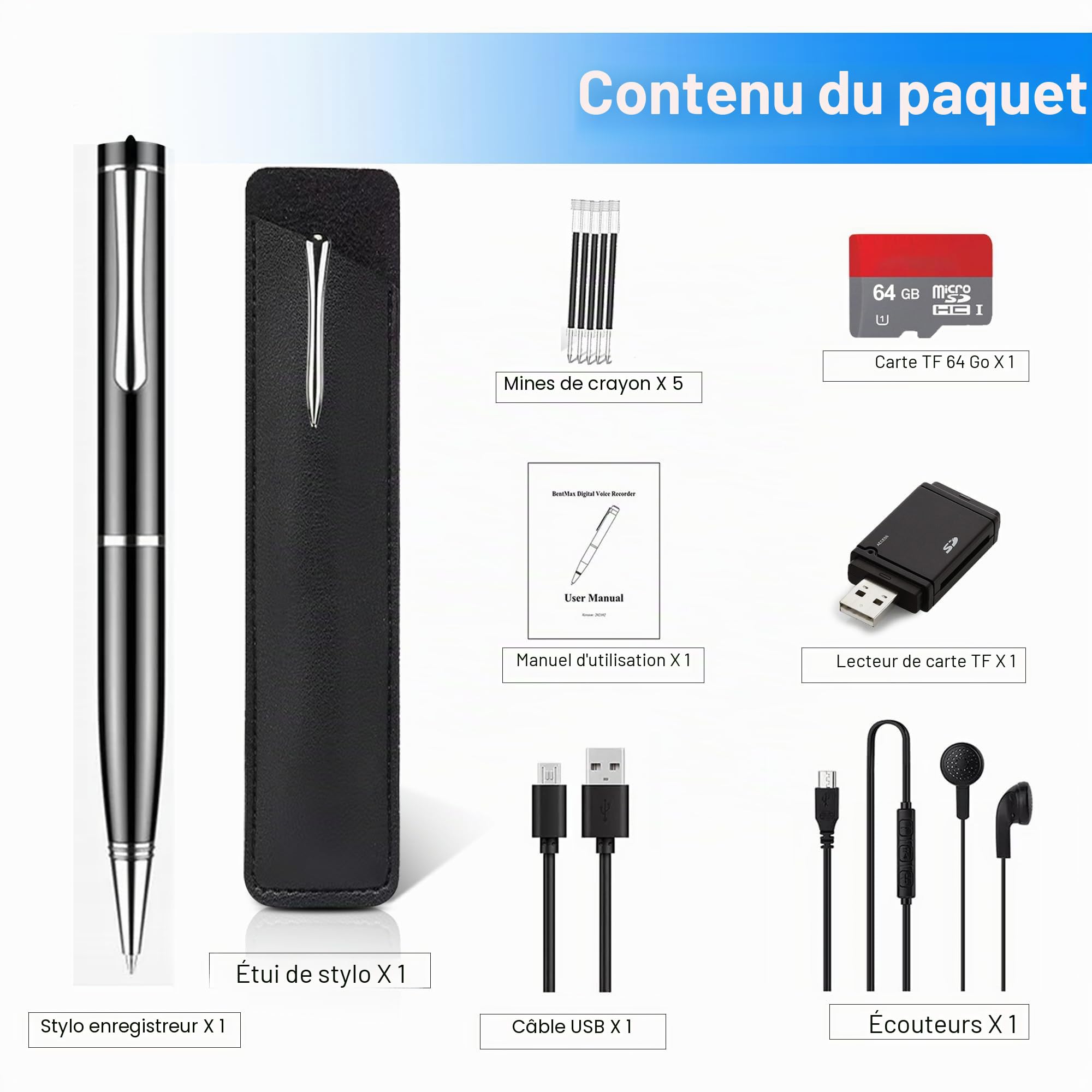 Enregistreur Vocal Numérique AI 64G avec Réduction du Bruit, Lecteur MP3 Intelligent pour Réunion, Cours, Conférences