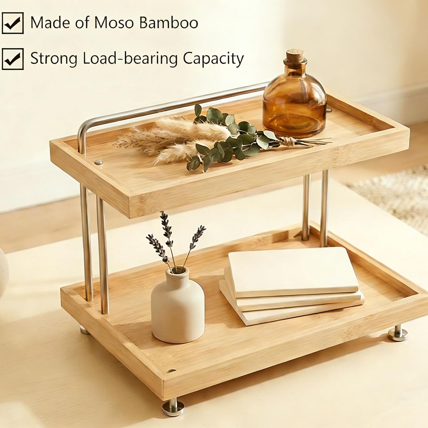 HYNAWIN Bamboo Two-Tier Storage Rack，Tabletop Storage Organizer for Kitchen, Bathroom, Office, and Home Use