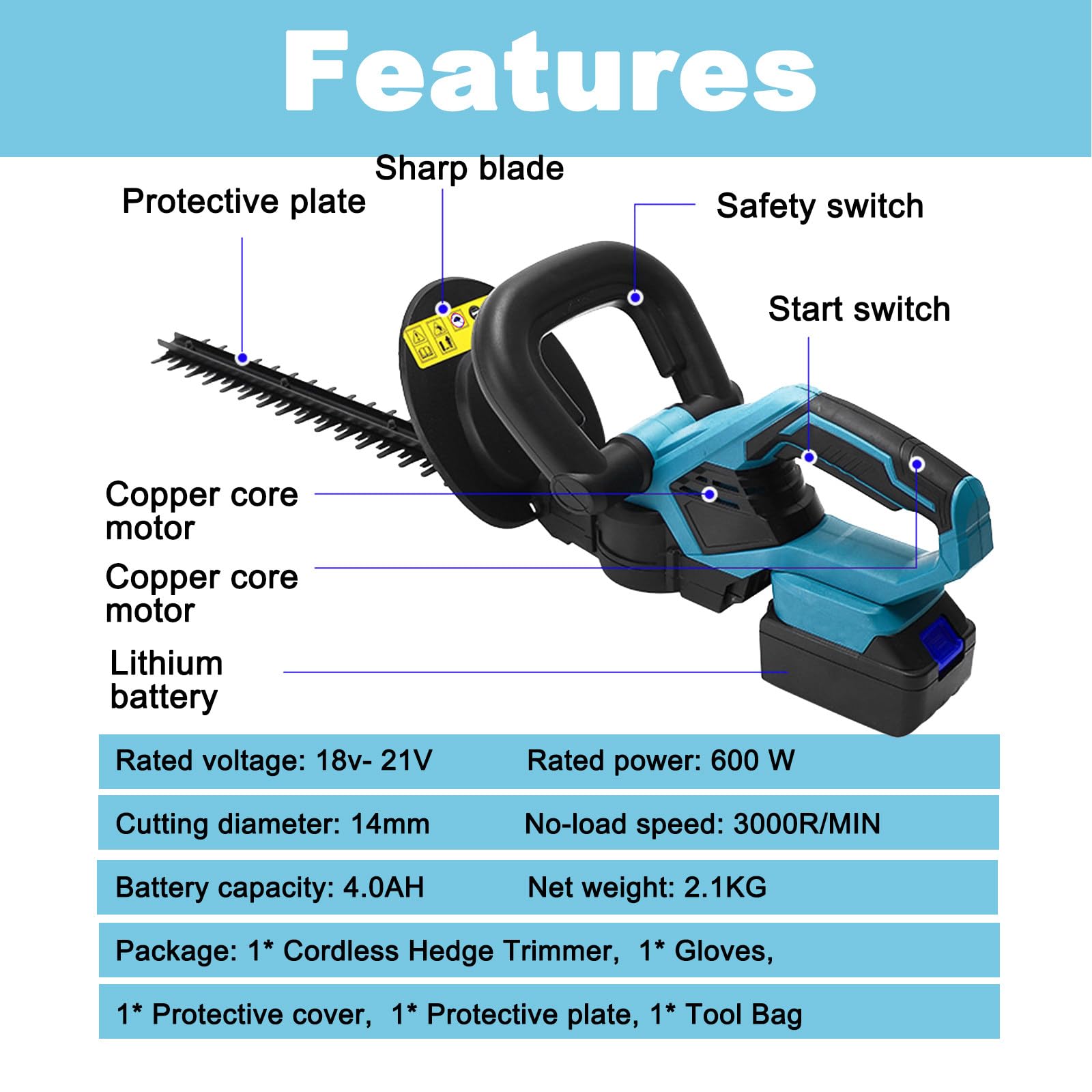 Cortasetos Inalámbrico, 2 X 4000 Mah, Cortasetos Eléctrico, Velocidad: 3000 R/Min, Cortasetos a Batería, para Recortar Setos, Arbustos Y Plantas De Borde