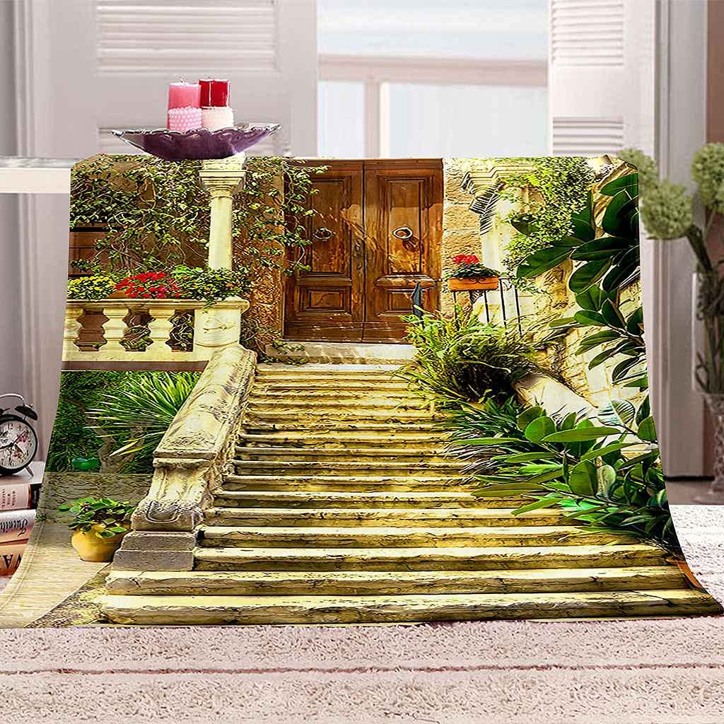 Couverture impression 3D cour-jardin pour cocooning au salon ou lit doux toutes saisons 150x200