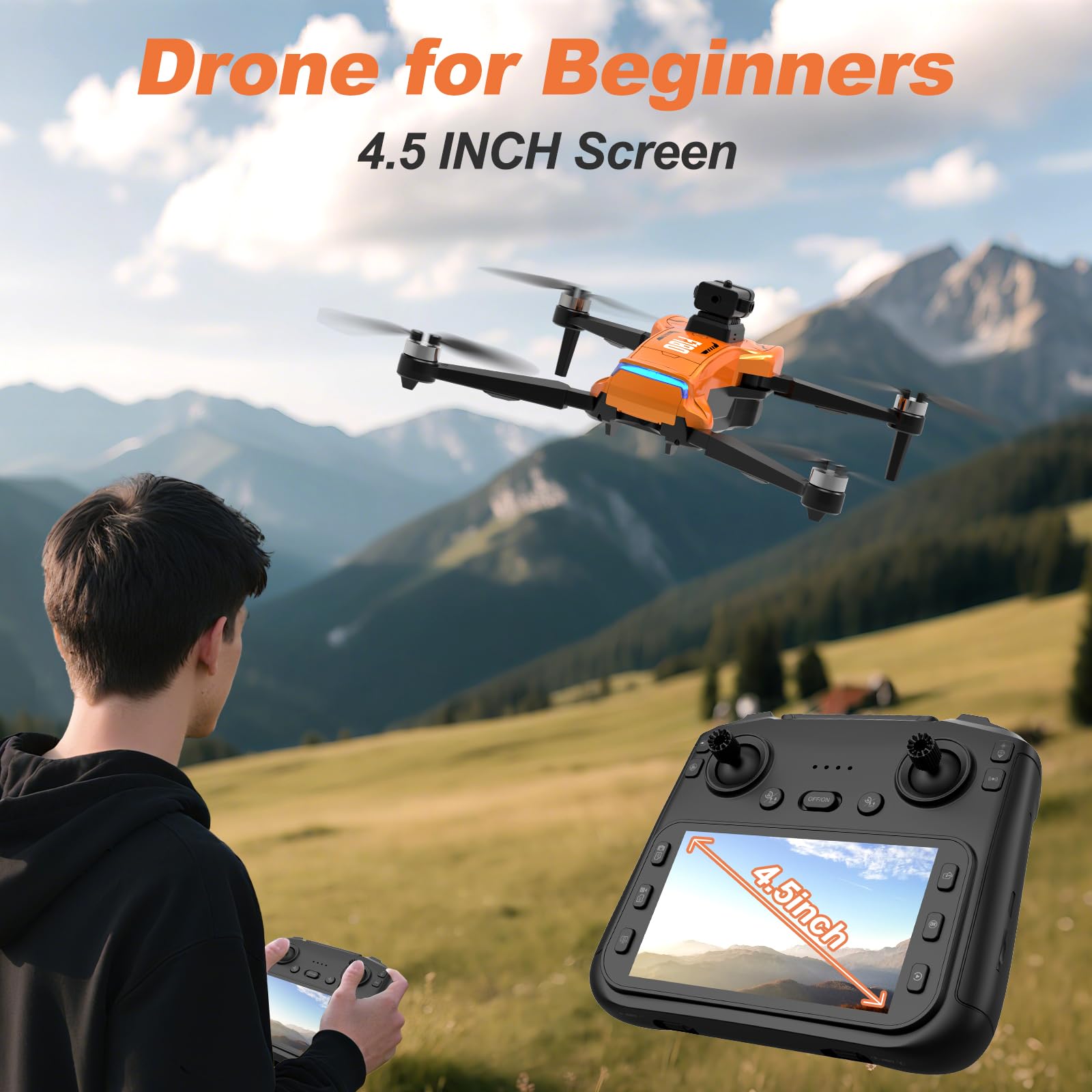 Drone GPS Con Fotocamera 4K, Schermo Telecomando 4,5 Pollici, Ritorno Automatico, Evitamento Automatico Ostacoli, Volo 22 Min, Drone RC FPV Pieghévole Con Follow Me, Regalo Per Adulti