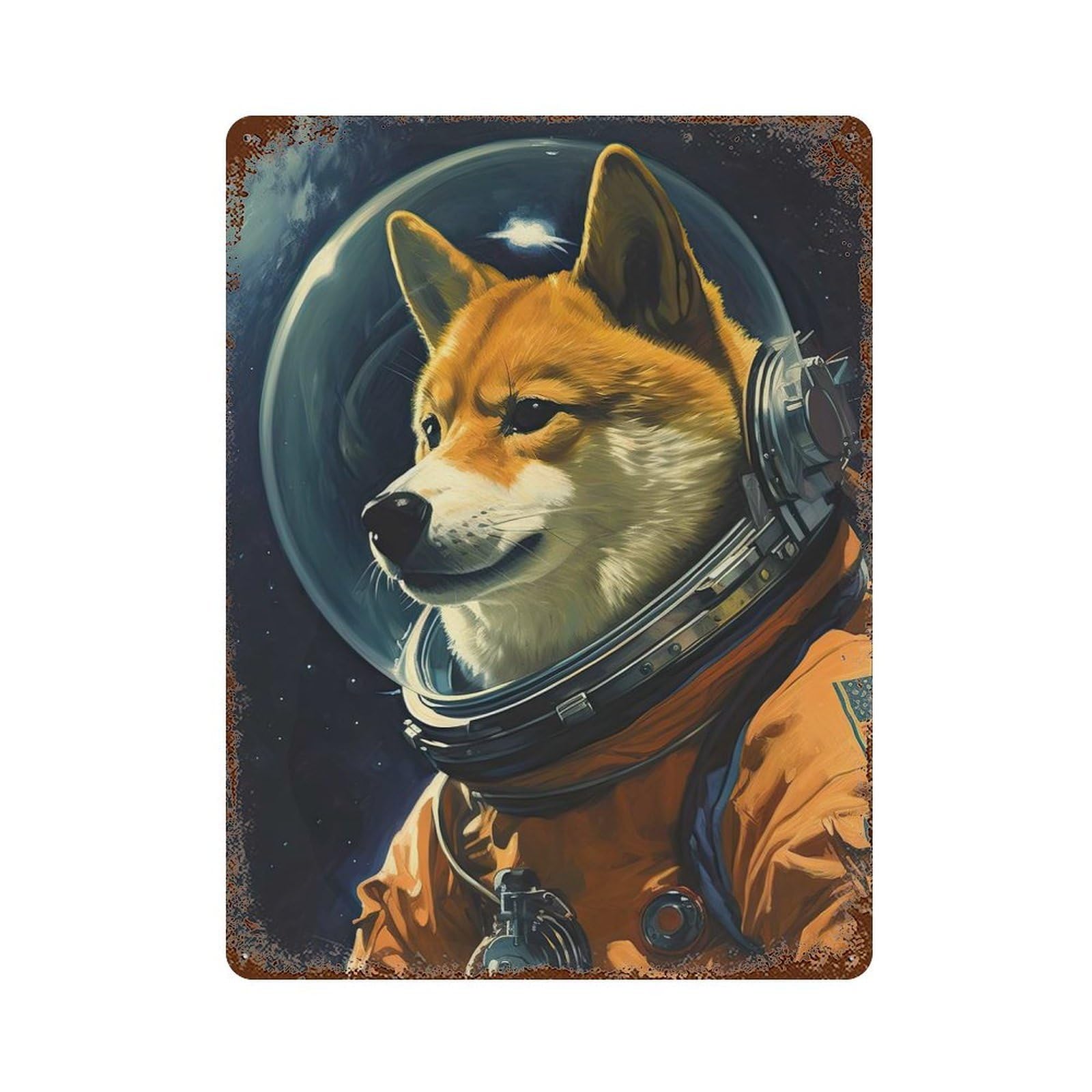 Aged Metal Wall Plaque with Shiba Inu The Astronaut Design 15.7"x11.8", for Pub, Kitchen And Man Cave Decor, Shabby Chic Decor